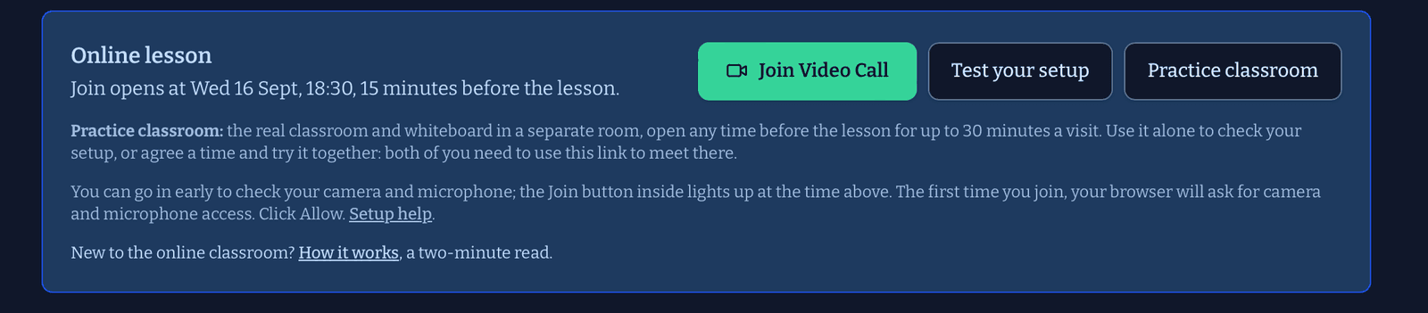 The Online lesson panel on a session page: when Join opens, with the Join Video Call, Test your setup and Practice classroom buttons.