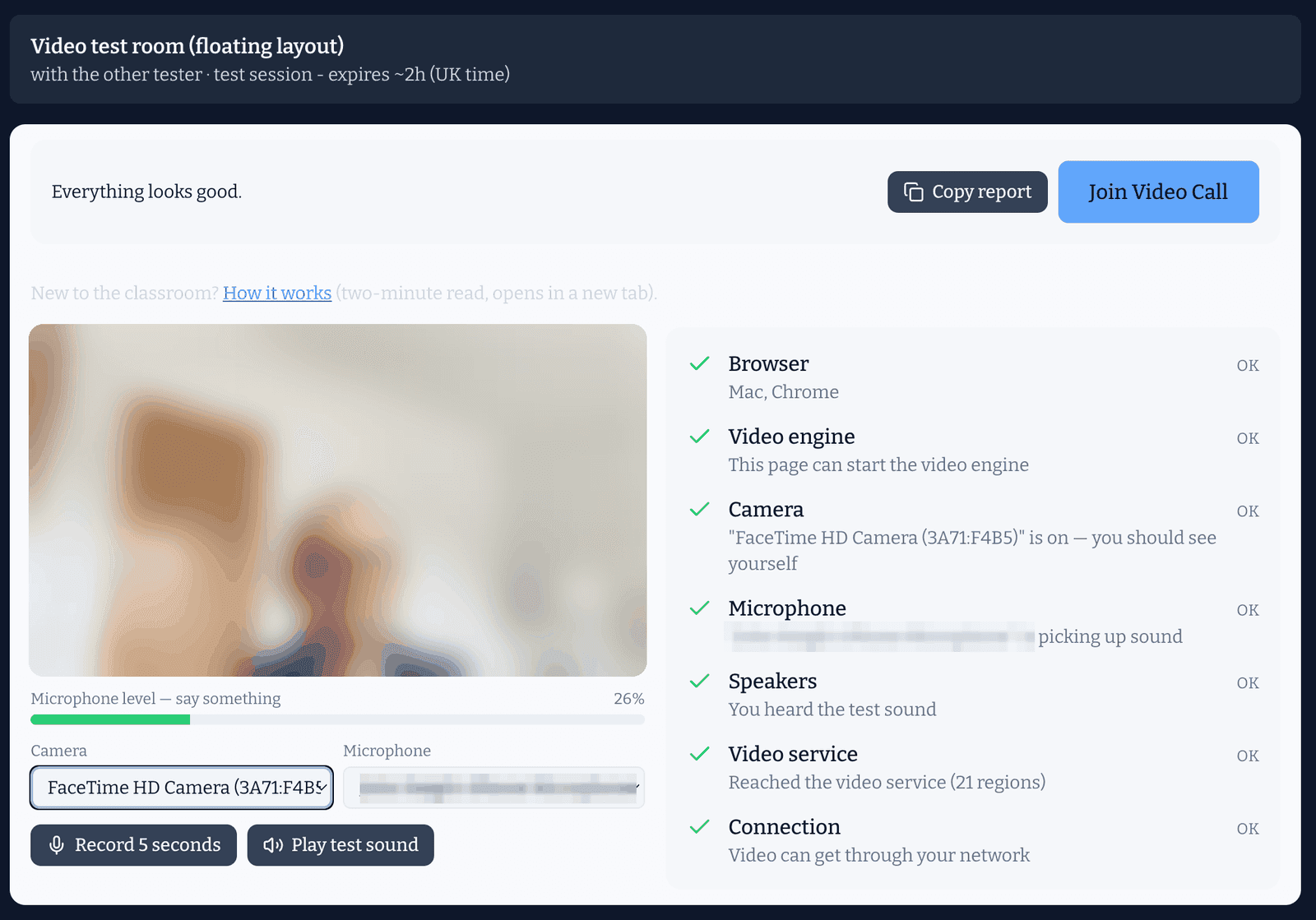 The lobby before joining: your camera preview and microphone meter on the left, the checklist all green on the right, and the Join Video Call button.