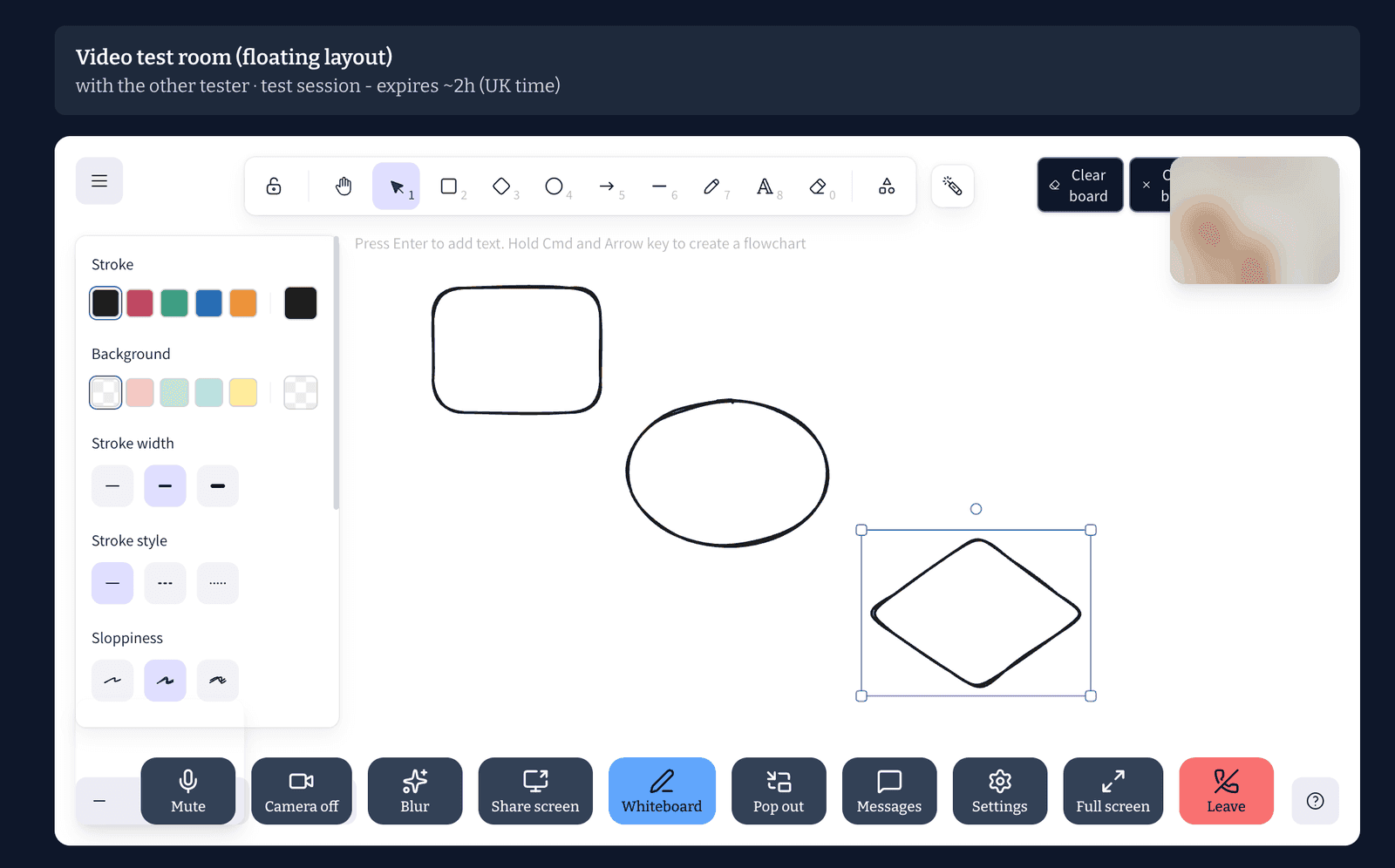 The shared whiteboard open in the classroom, with a rectangle, a circle and a diamond drawn, the drawing tools along the top and the controls along the bottom.