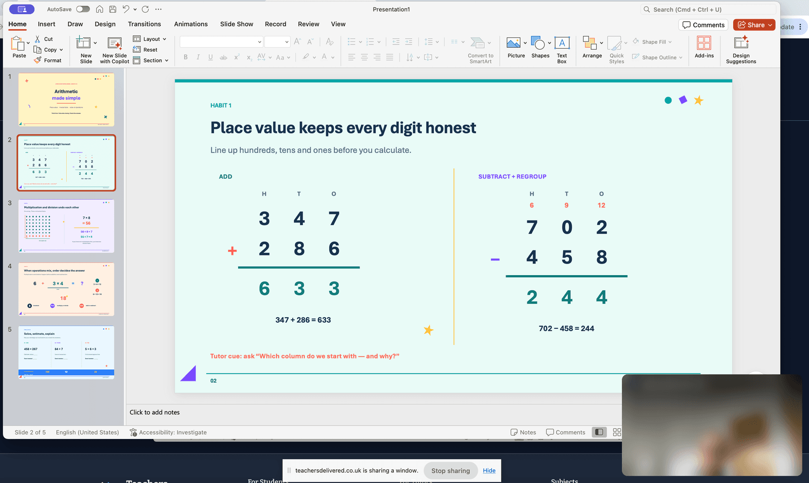 A PowerPoint window being shared, with the popped-out video floating in the bottom right corner and the browser's sharing banner at the bottom.