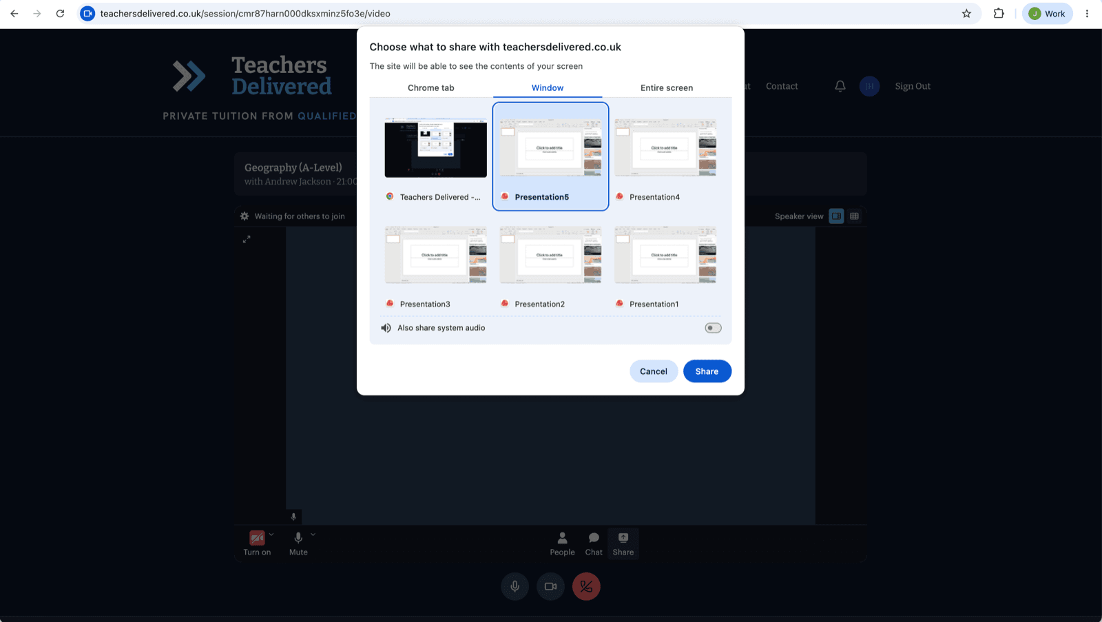 The browser's Choose what to share dialog, with the Window tab selected and a PowerPoint presentation highlighted, ready to Share